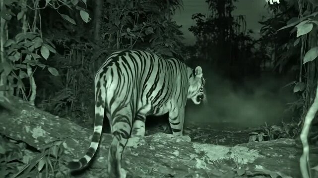 Wild Bengal Tiger Walking Through Dense Jungle at Night with Moonlight Effect
