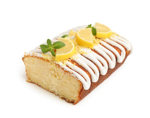 Delicious lemon cake with glaze, fresh fruit slices and mint isolated on white