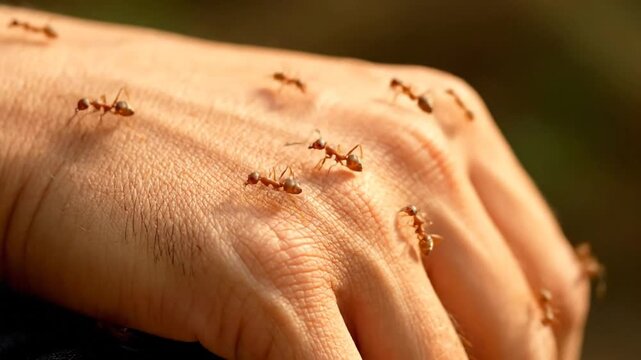 Close-up view of a hand covered with several tiny ants, on blurred natural background