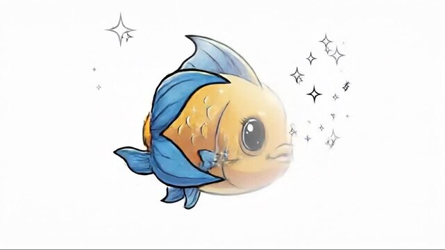 Playful animated goldfish character with sparkling eyes in a lively aquatic scene