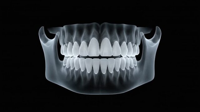 Detailed medical animation of human jaw movement, showcasing teeth and bone structure in a clear