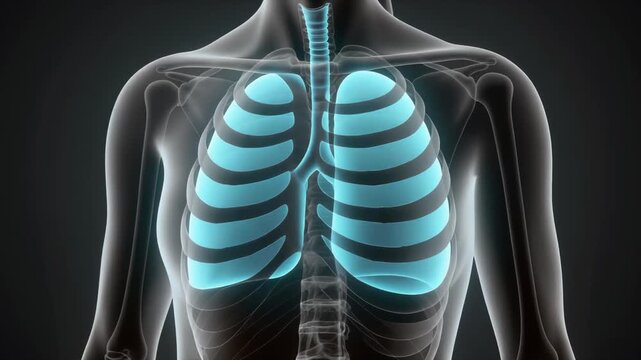 Detailed X-ray Animation of Female Human Torso Revealing Internal Ribs and Bright Blue Lungs