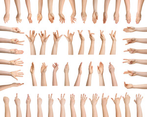 Female hands on white background. Collection of gestures