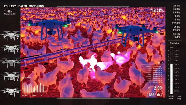 Drones equipped with thermal imaging meticulously monitor poultry health and livestock conditions across a vast farm