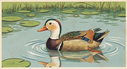 A duck swims in a pond with lily pads its reflection visible in the water
