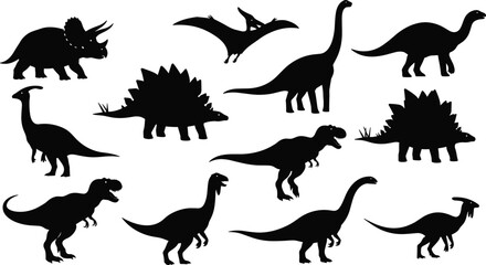 Dinosaur silhouettes, prehistoric creatures, black and white illustration, educational paleontology, extinct species, fossil shapes, reptile diversity, ancient wildlife, science art