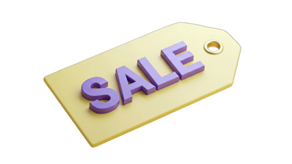 Sale Tag with Purple Text on White Background
