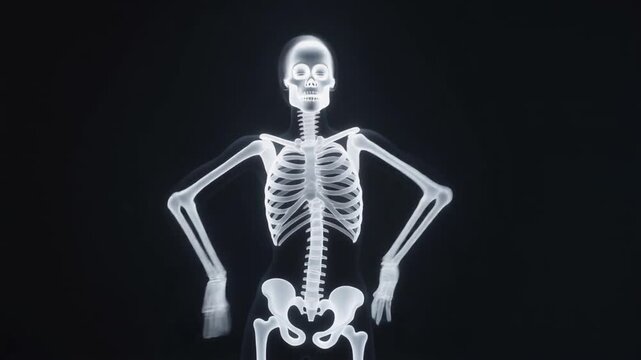 Stylized X-ray Silhouette of a Dancer in Motion, Glowing White Skeleton on Dark Background