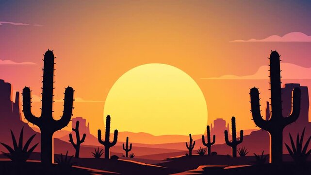 Desert landscape illustration featuring cacti silhouetted against a vibrant sunset sky and distant rock formations