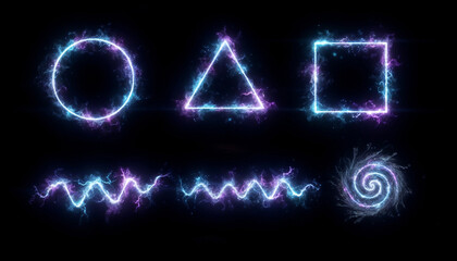 Electric blue lightning geometric shapes with magical energy waves and spiral effects for captivating social media graphics and content