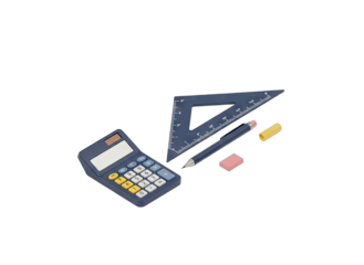 School Supplies: Calculator, Ruler, Pencil, and Eraser on White