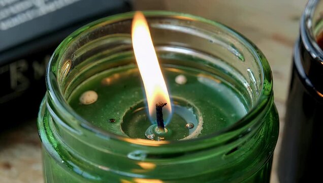 Soft warm candlelight filmed in atmospheric 4K close up showing a glowing flame dancing inside a green glass jar creating a peaceful reflective mood suitable for themes of memory condolences
