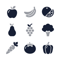 Simple Two Tone Food Icons Set of Fruit and Vegetable Element