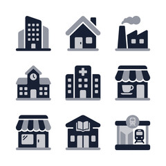 Simple Flat City Building Icon Set Various Community Place Illustration