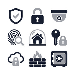 Minimalist Style Security Safety Protection Icons Collection with Solid Colors
