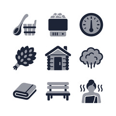 Flat Two Tone Sauna and Spa Element and Decoration Icon Set