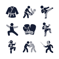 Simple Two Tone Martial Art and Combat Sport Silhouette Icon Set