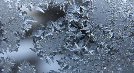 A macro shot of frost crystals on a glass surface forming intricate geometric patterns
