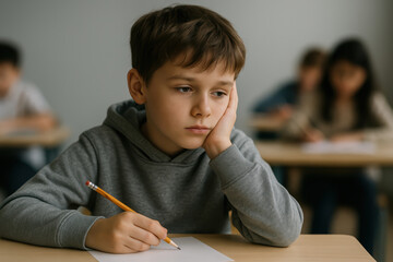 Bored schoolboy daydreaming at desk during classroom assignment, distracted student holding pencil and staring away from test paper