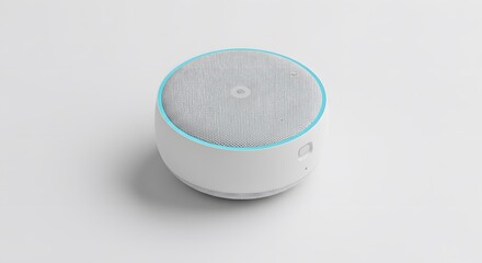 A round white smart speaker with a mesh top and a light blue ring sits on a white surface