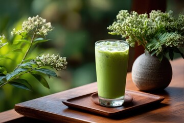 Matcha drink with ice in a glass on a wooden tray beside flowers creating a refreshing and tranquil scene