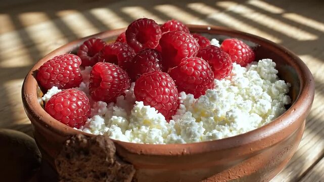 Close-up of healthy breakfast with white curd cheese and ripe berries in ceramic pottery. Rustic wooden background with morning sunlight and shadows. Organic dairy food concept.

