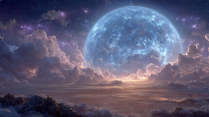 Majestic Night Sky with a Luminous Full Moon and Ethereal Clouds