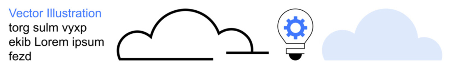 Technology services, creativity, cloud storage, innovation, data processing, and digital solutions. Minimalist cloud shapes and light bulb with cogwheel. Technology services and creativity theme © robu_s