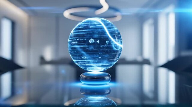 Futuristic AI sphere emerging in a modern conference room setting