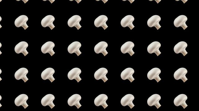 Seamless looping pattern of stylized champignon icons, creating a simple, light gray and white repetitive background.