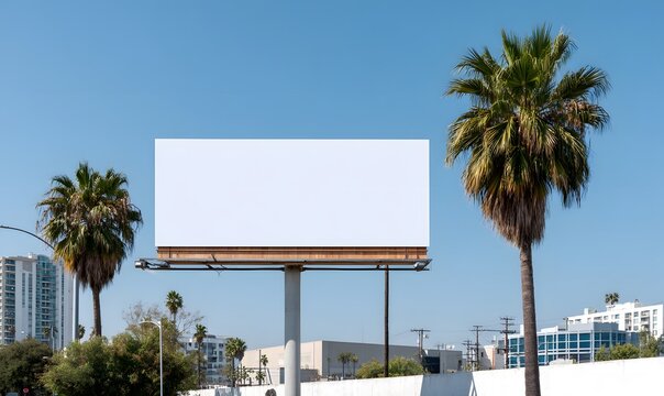  daytime billboard mockup Los Angeles, massive blank white screen on classic rooftop billboard