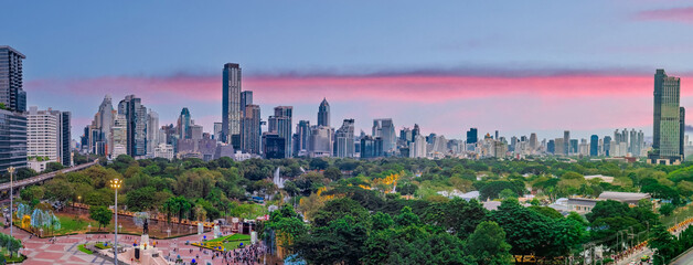 View of Lumphini Lumpini Park at Si Lom Silom taken from Central Park Mall in BKK Bangkok Thai...