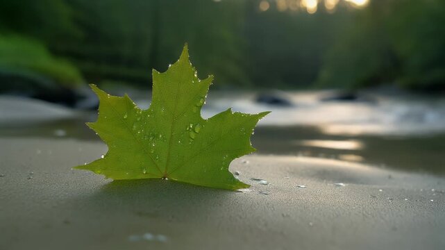 A close-up shows a green maple leaf covered in water droplets. Soft, blurred background reveals a river and trees. Sunlight filters through