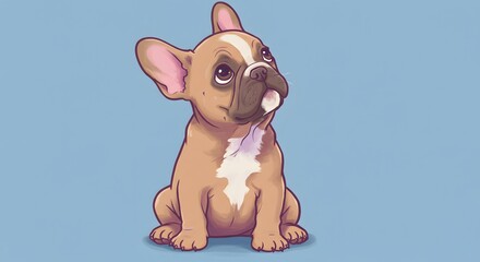 A tan French Bulldog puppy sits looking up with big expressive eyes against a soft blue background