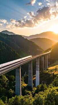 Modern High Speed Train Crossing a Scenic Mountain Valley Bridge at Golden Hour Sunset with Sunbeams Through Clouds
