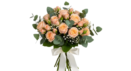 Peach rose bouquet with white ribbon PNG