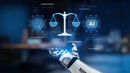 A robotic hand displays a glowing scale icon, symbolizing justice and artificial intelligence in a...