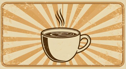 A vintage coffee mug on a beige sunburst background with a framed border