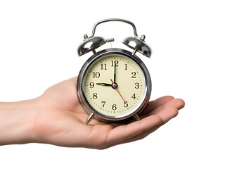 Hand Holding Retro Alarm Clock on White Background on white background