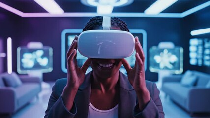 Woman experiencing virtual reality in a futuristic environment with VR headset. - Powered by Adobe