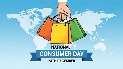 National Consumer Day Celebration with Shopping Bags and World Map Background.