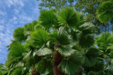 Palm tree fronds viewed from below against a bright blue sky with wispy clouds