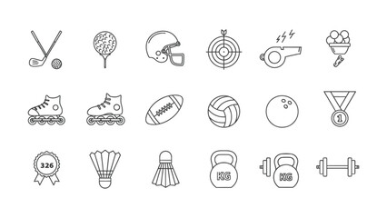 Sports and fitness line icons set representing various athletic equipment and awards