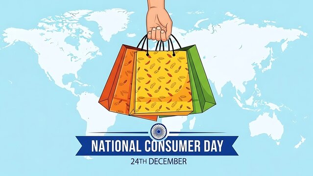 National Consumer Day - Global Shopping Celebration with Hand Holding Colorful Bags.
