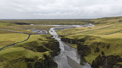 Aerial view of beautiful fjadrargljufur canyon in southern Iceland a popular tourist destination