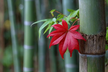 Red maple leaf clinging to green bamboo stalk amid blurred bamboo backdrop