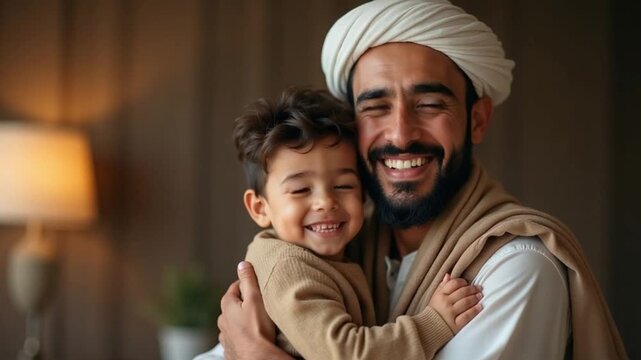 Smiling Muslim Father and Child Celebrating Ramadan and Eid al-Fitr Together
