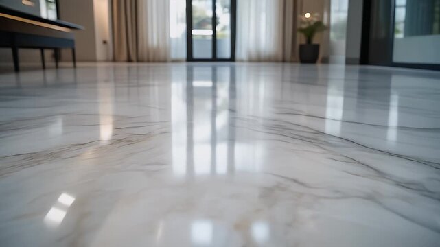 A low-angle shot showcases a highly polished marble floor reflecting natural light. The background features windows and curtains. There is also a suggestion of furniture