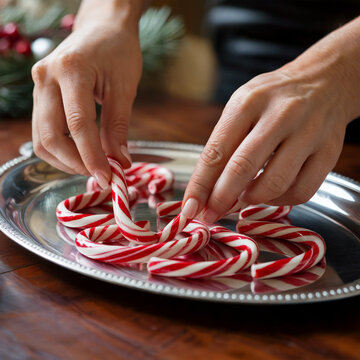 Manos Femeninas Acomodando Bastones de Caramelo de Rayas Rojas y Blancas en una Bandeja de Plata para la Navidad