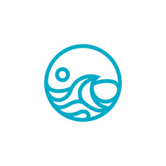 A minimalist teal blue line art logo depicting ocean waves and a sun within a circular frame.